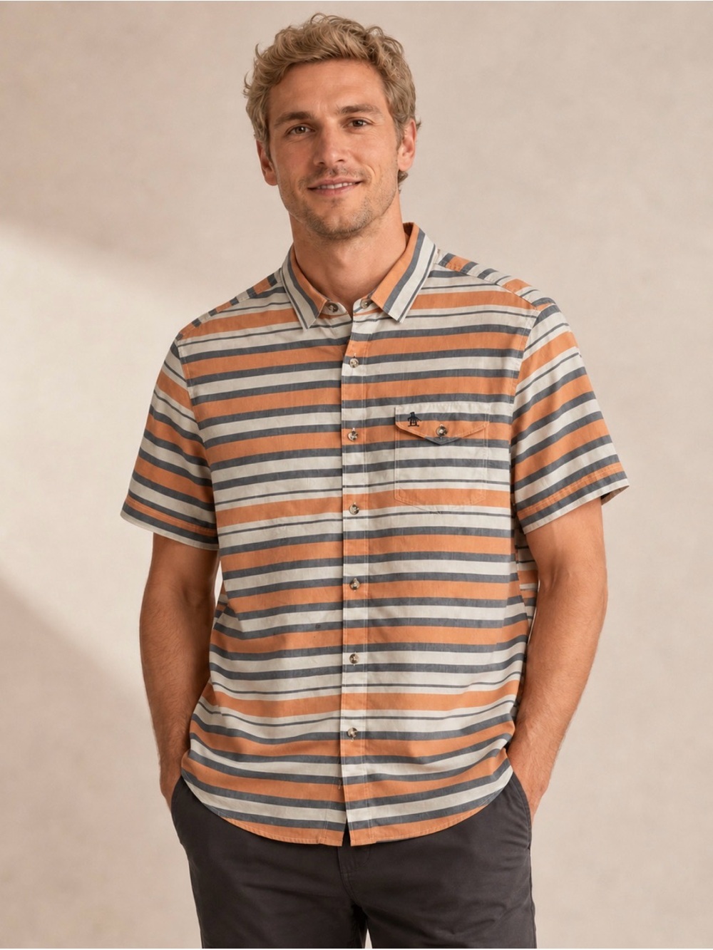 Penguin Men's Short Sleeve Collared Button Down Slim Fit Striped Shirt Large